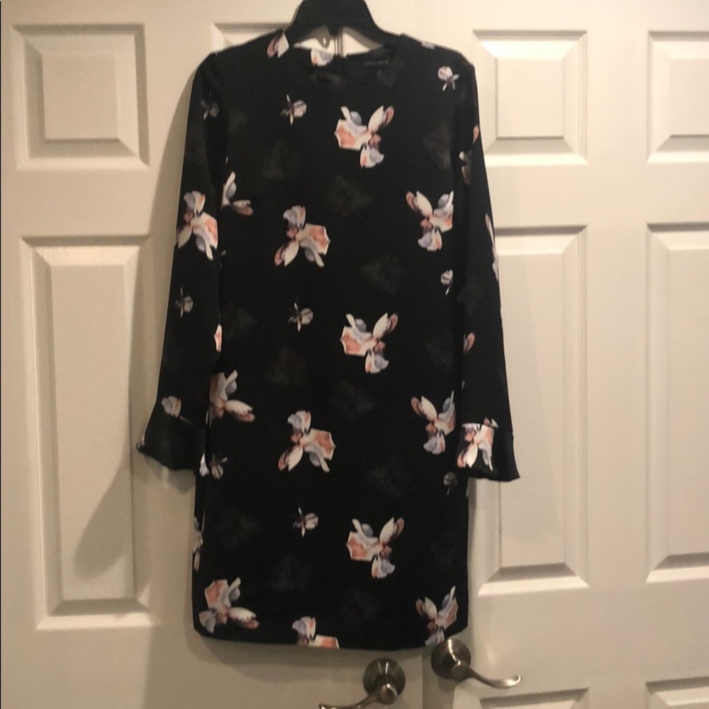 Flower Printed Black Scoop Neck Dress